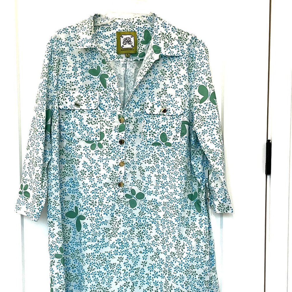 Elizabeth McKay Blue-Green Flower and Butterfly Shirt Dress